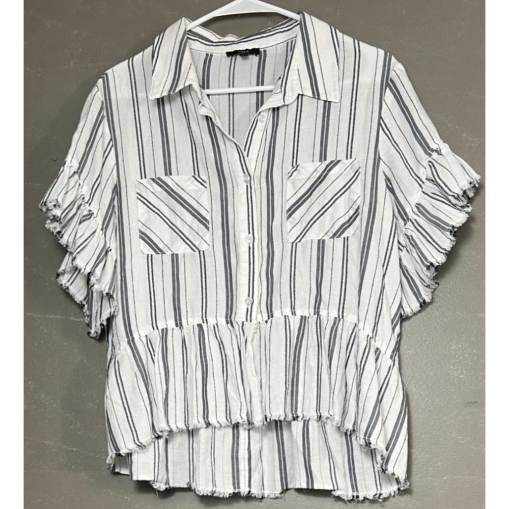 Drew Anthropologie women's white flutter sleeve top w/ blue stripes sz L pockets
